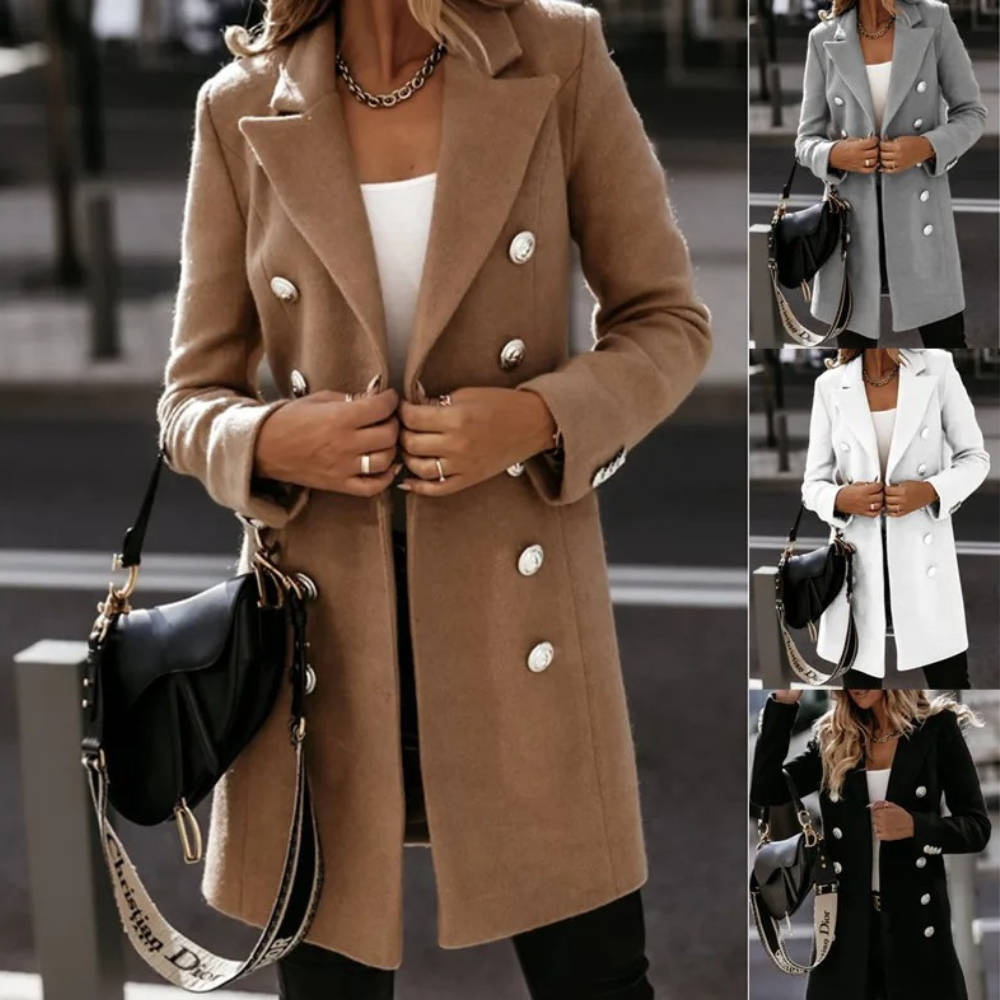 Gracelynn Trench Coat Réversible en Mélange de Laine pour Femme – Manteau Long Élégant avec Boutons Argentés