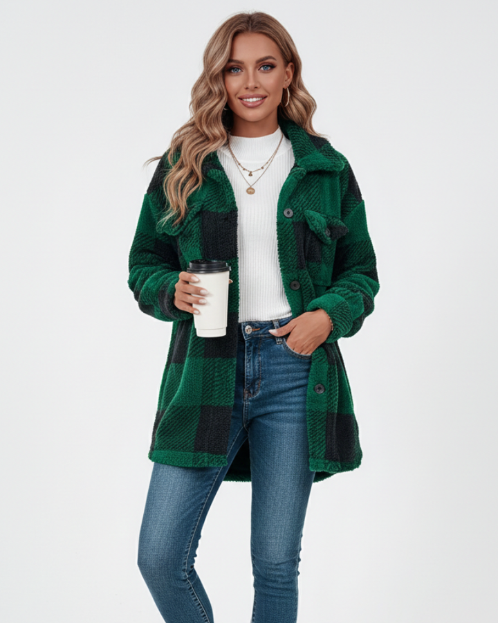 Ariana Veste d’Hiver Femme – Veste Peluche à Carreaux Chaude & Décontractée