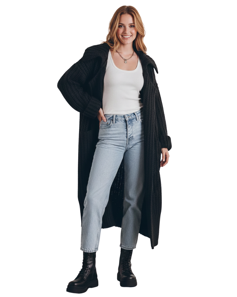 Mercy Gilet Long Femme Ample – Cardigan Chaud et Léger avec Poches, Confort Quotidien