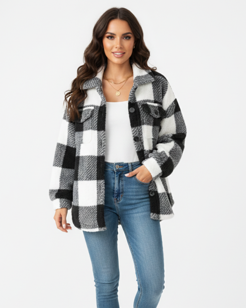 Ariana Veste d’Hiver Femme – Veste Peluche à Carreaux Chaude & Décontractée