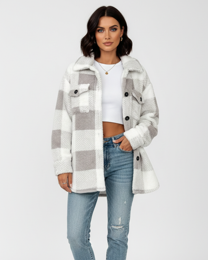 Ariana Veste d’Hiver Femme – Veste Peluche à Carreaux Chaude & Décontractée