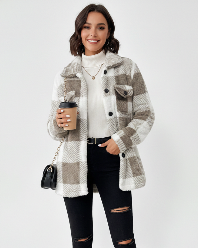 Ariana Veste d’Hiver Femme – Veste Peluche à Carreaux Chaude & Décontractée