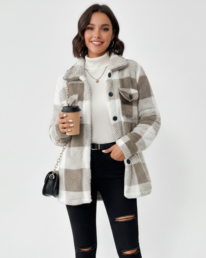 Ariana Veste d’Hiver Femme – Veste Peluche à Carreaux Chaude & Décontractée
