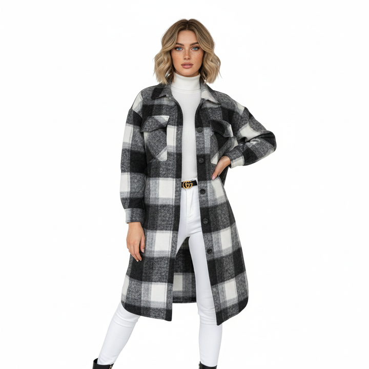 Jody Manteau Femme Carreaux – Veste Longue Oversize en Laine Mélangée Style Shacket