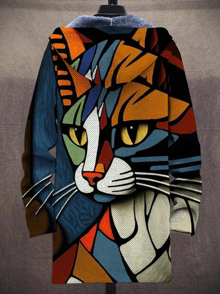 Abstract Cat Print Zip-Up Fleece-Lined Hooded Cardigan