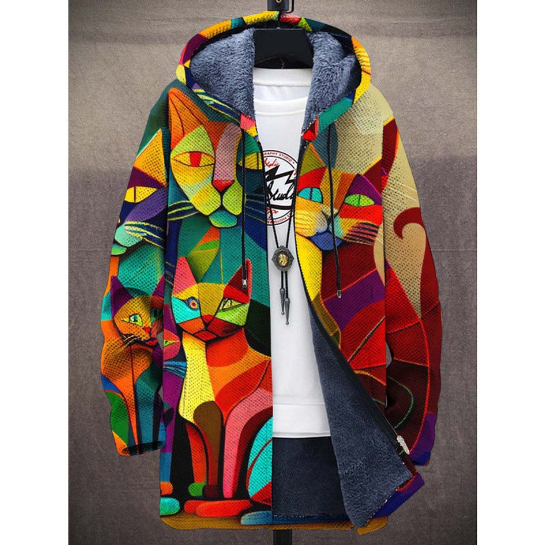 Abstract Cat Print Zip-Up Fleece-Lined Hooded Cardigan