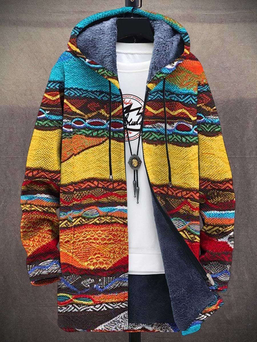 Abstract Cat Print Zip-Up Fleece-Lined Hooded Cardigan