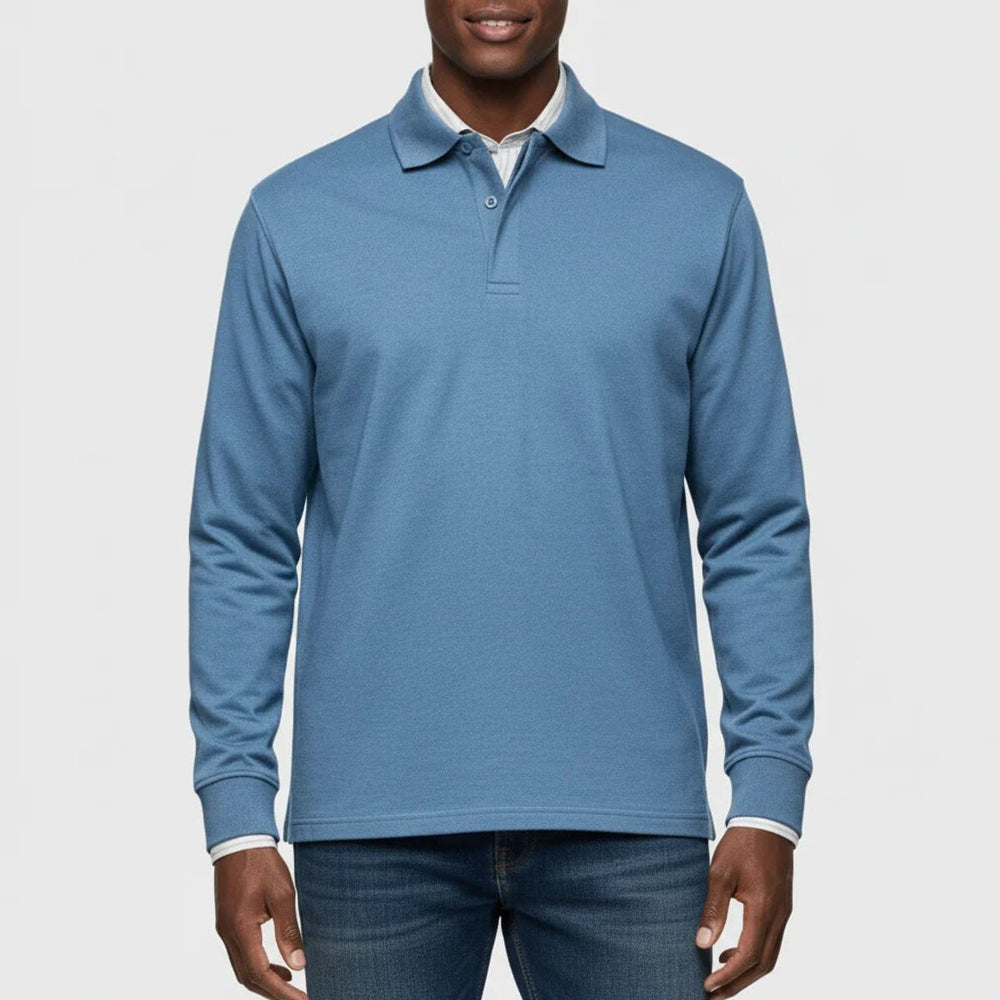 Men Polo Shirt Classic Long Sleeve Pique Relaxed Fit Pullover - Blue