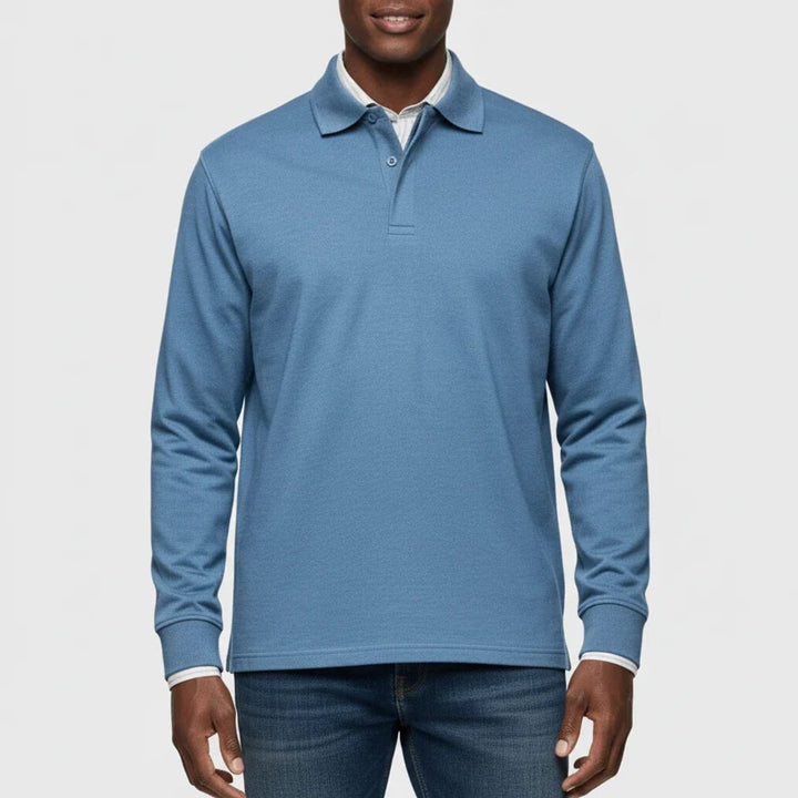 Men Polo Shirt Classic Long Sleeve Pique Relaxed Fit Pullover - Blue
