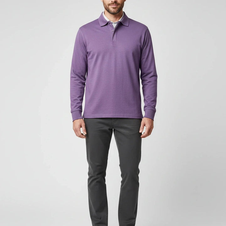 Men Polo Shirt Classic Long Sleeve Pique Relaxed Fit Pullover