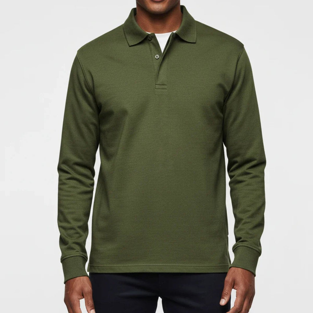 Men Polo Shirt Classic Long Sleeve Pique Relaxed Fit Pullover - Olive Green