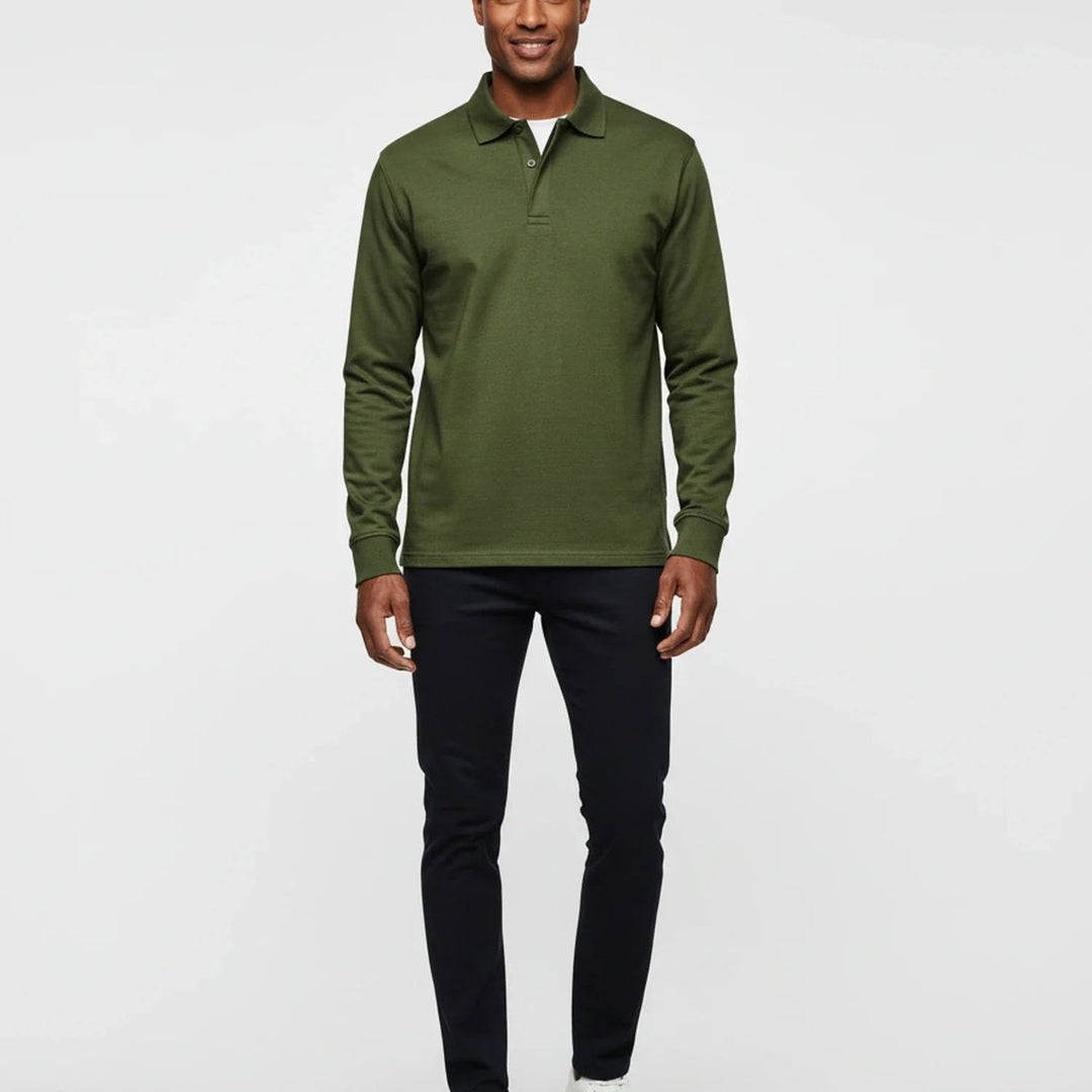 Men Polo Shirt Classic Long Sleeve Pique Relaxed Fit Pullover