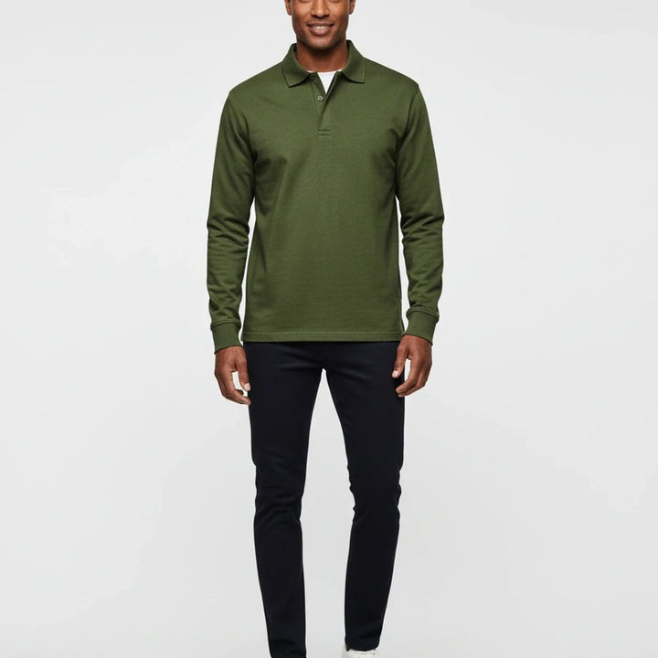 Men Polo Shirt Classic Long Sleeve Pique Relaxed Fit Pullover