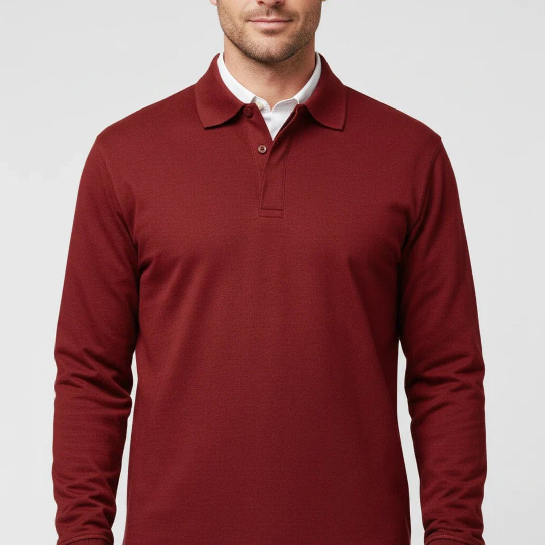 Men Polo Shirt Classic Long Sleeve Pique Relaxed Fit Pullover - Red
