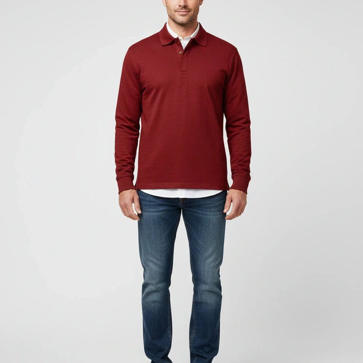 Men Polo Shirt Classic Long Sleeve Pique Relaxed Fit Pullover