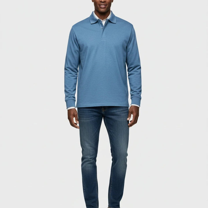 Men Polo Shirt Classic Long Sleeve Pique Relaxed Fit Pullover