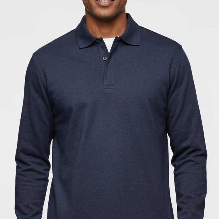 Men Polo Shirt Classic Long Sleeve Pique Relaxed Fit Pullover - Navy Blue