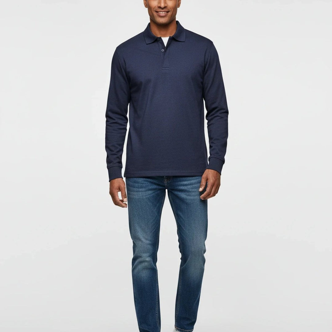 Men Polo Shirt Classic Long Sleeve Pique Relaxed Fit Pullover