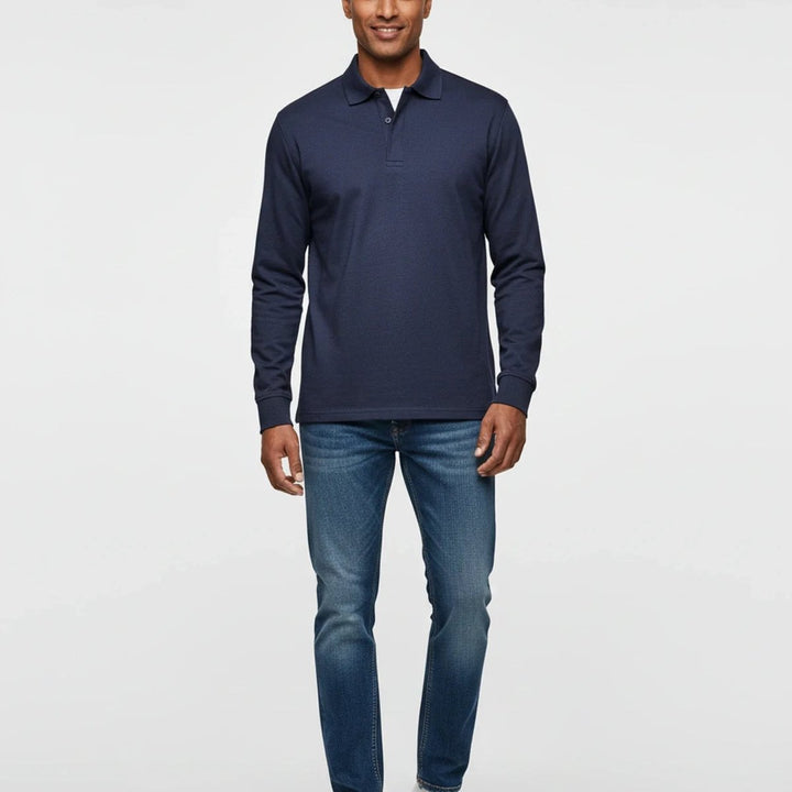 Men Polo Shirt Classic Long Sleeve Pique Relaxed Fit Pullover