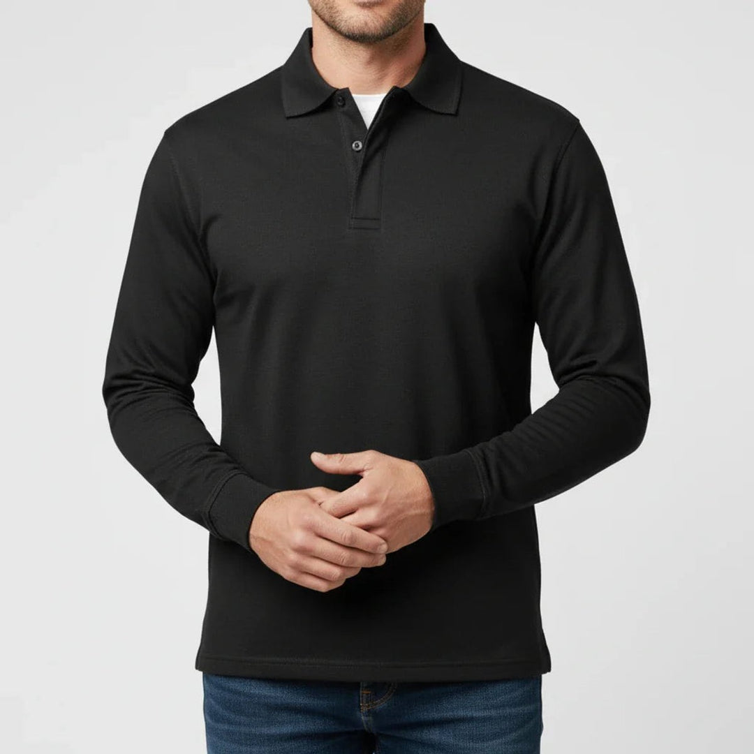 Men Polo Shirt Classic Long Sleeve Pique Relaxed Fit Pullover - Black