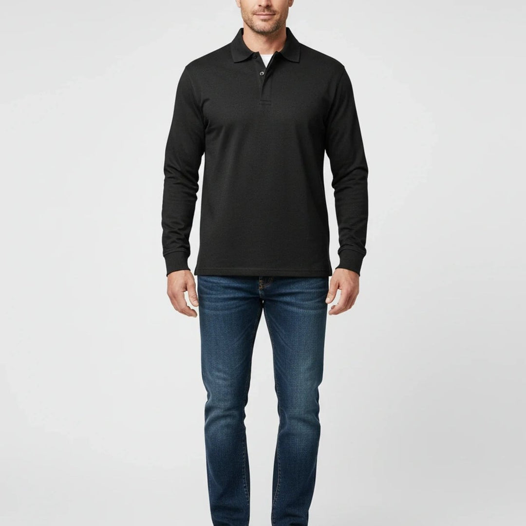 Men Polo Shirt Classic Long Sleeve Pique Relaxed Fit Pullover