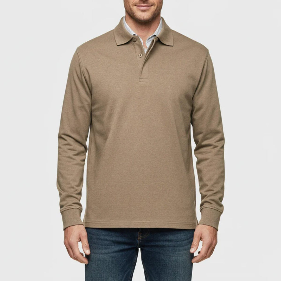Men Polo Shirt Classic Long Sleeve Pique Relaxed Fit Pullover - Khaki