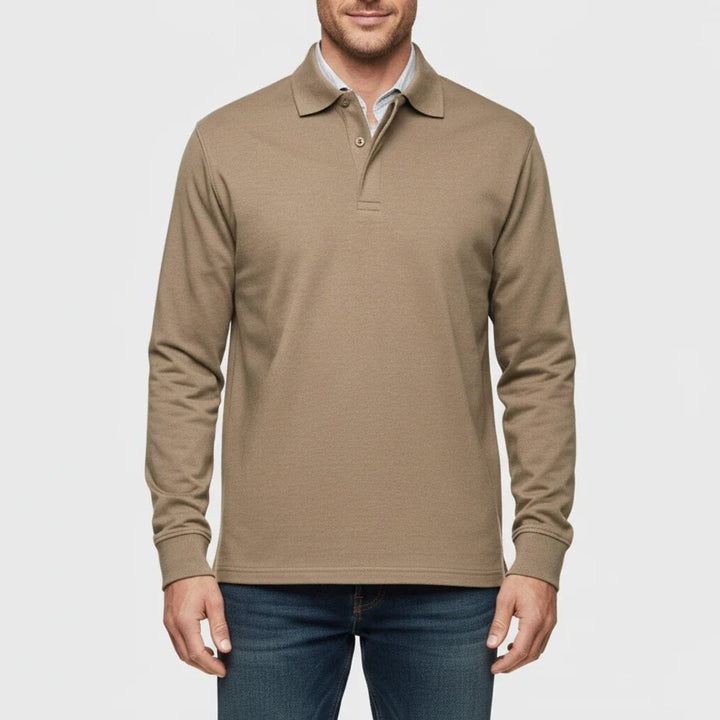 Men Polo Shirt Classic Long Sleeve Pique Relaxed Fit Pullover - Khaki