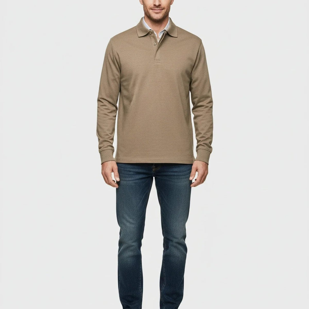 Men Polo Shirt Classic Long Sleeve Pique Relaxed Fit Pullover