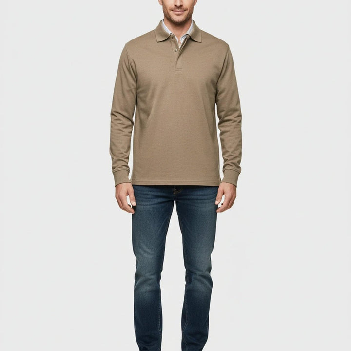 Men Polo Shirt Classic Long Sleeve Pique Relaxed Fit Pullover