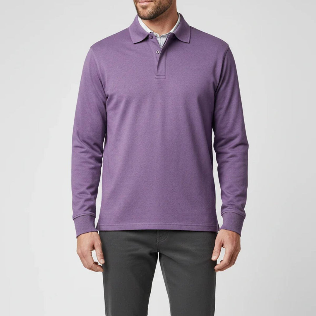 Men Polo Shirt Classic Long Sleeve Pique Relaxed Fit Pullover - Purple