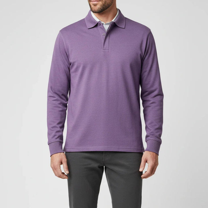 Men Polo Shirt Classic Long Sleeve Pique Relaxed Fit Pullover - Purple