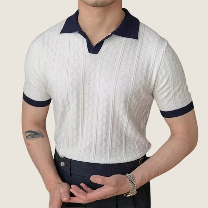 Men Polo Shirt Short-Sleeve Textured Knit Contrast Collar - White