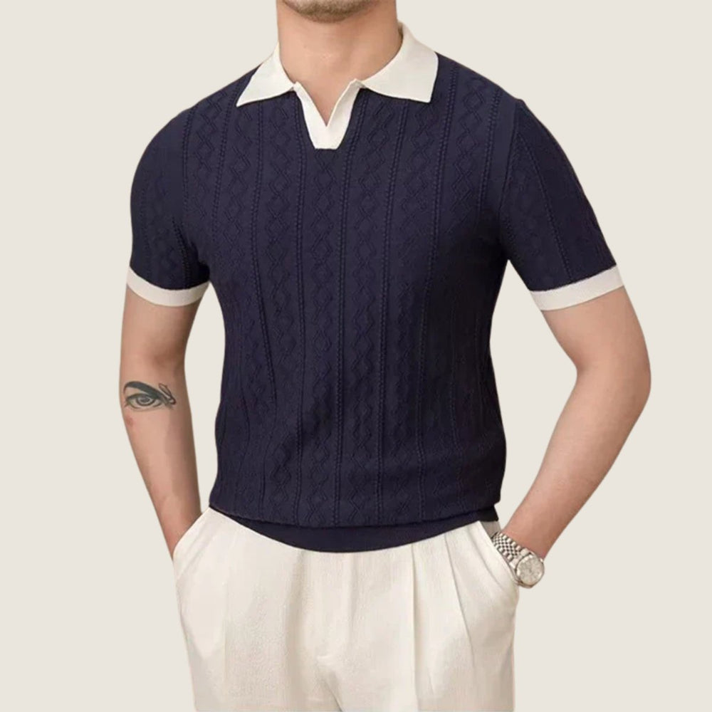 Men Polo Shirt Short-Sleeve Textured Knit Contrast Collar - Navy Blue