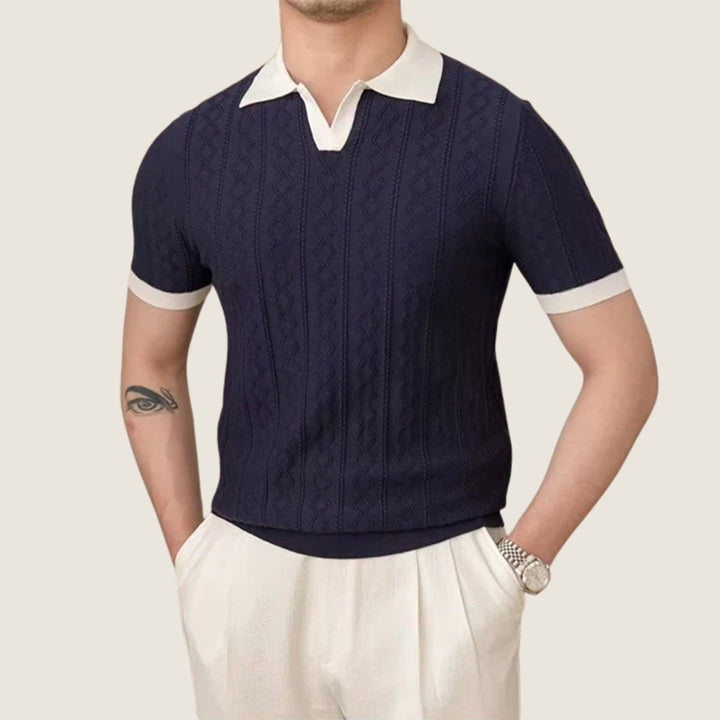 Men Polo Shirt Short-Sleeve Textured Knit Contrast Collar - Navy Blue