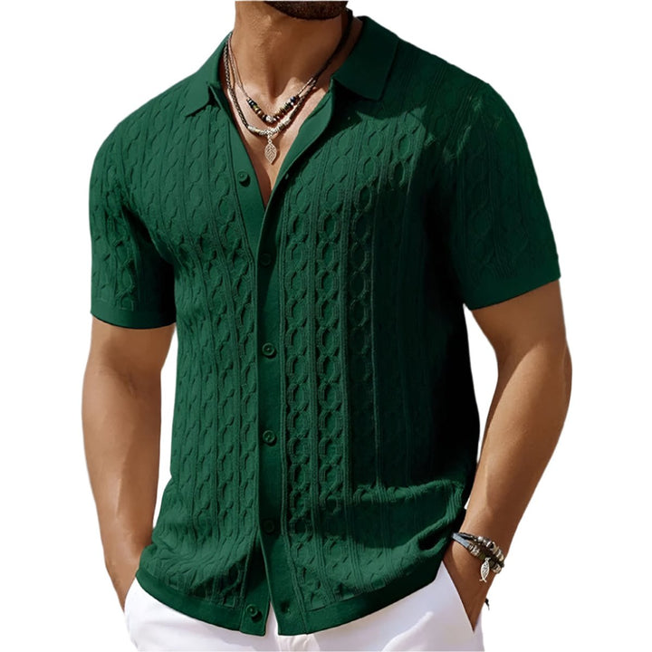 Men's Cable-Knit Button-Up Short Sleeve Polo Shirt - Green