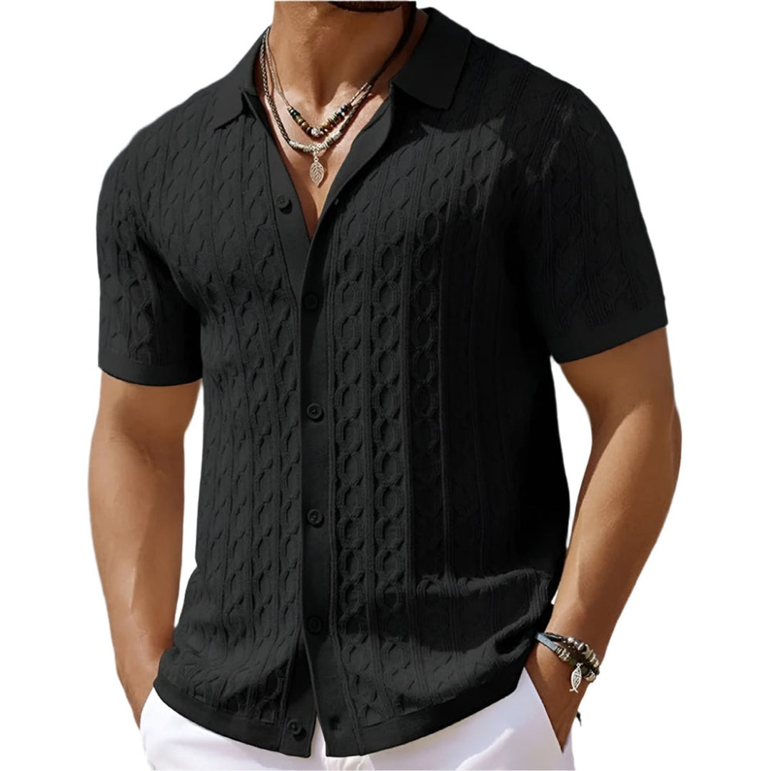 Men's Cable-Knit Button-Up Short Sleeve Polo Shirt - Black