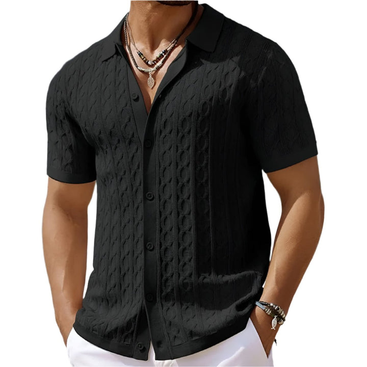 Men's Cable-Knit Button-Up Short Sleeve Polo Shirt - Black