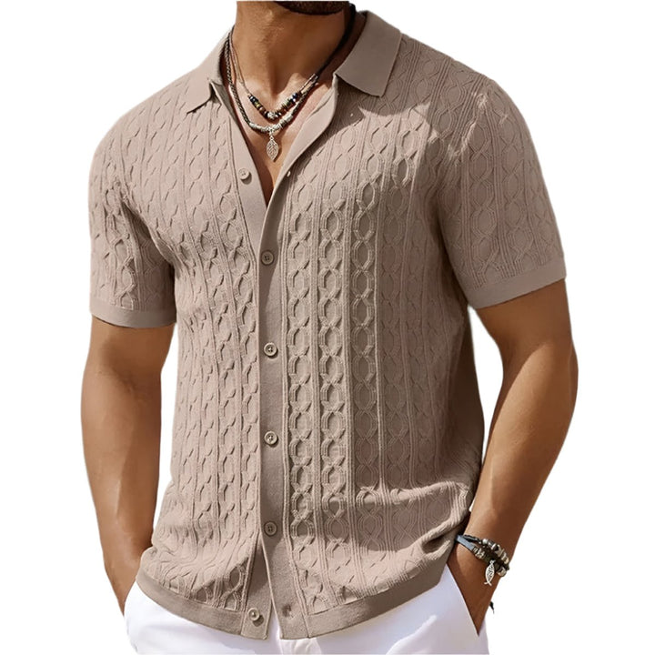 Men's Cable-Knit Button-Up Short Sleeve Polo Shirt - Khaki