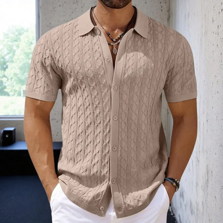 Men's Cable-Knit Button-Up Short Sleeve Polo Shirt