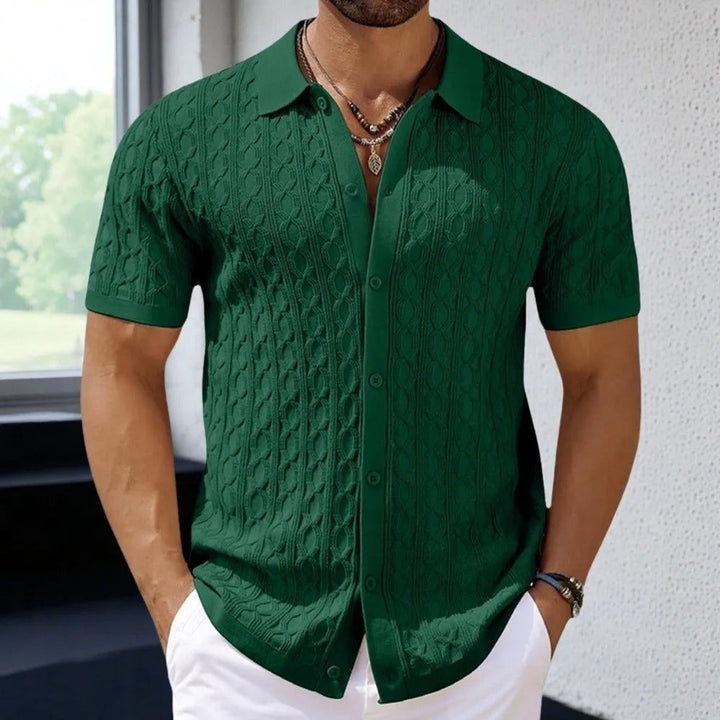 Men's Cable-Knit Button-Up Short Sleeve Polo Shirt
