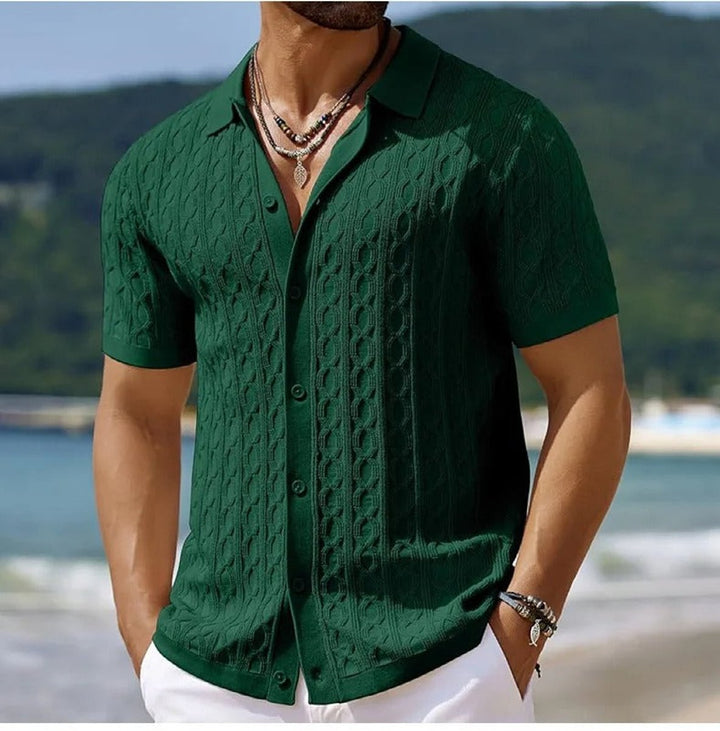 Men's Cable-Knit Button-Up Short Sleeve Polo Shirt