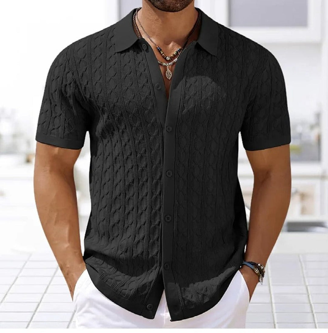 Men's Cable-Knit Button-Up Short Sleeve Polo Shirt