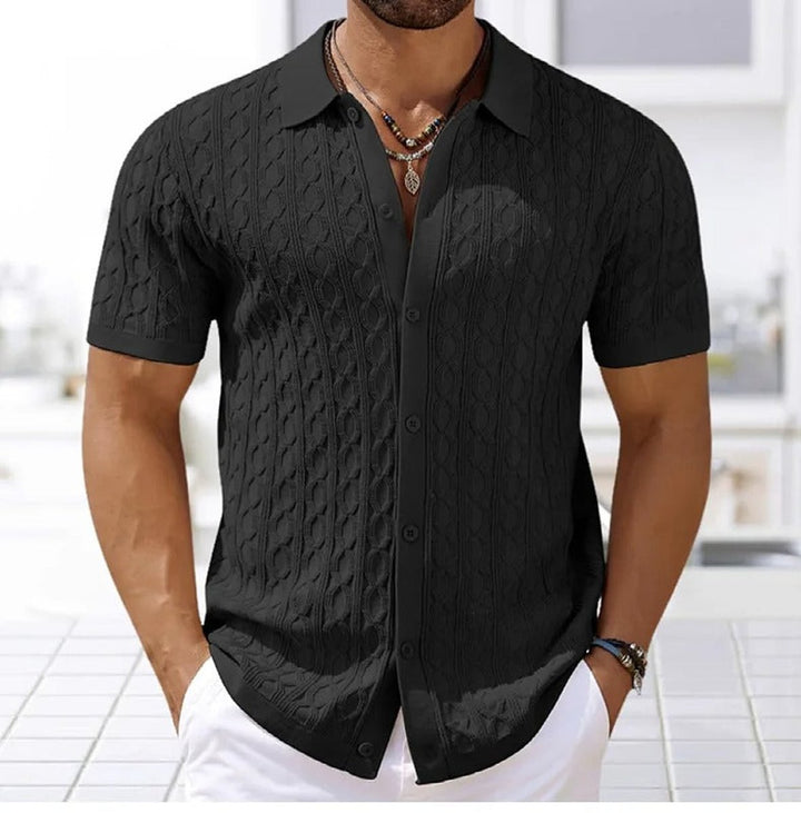 Men's Cable-Knit Button-Up Short Sleeve Polo Shirt
