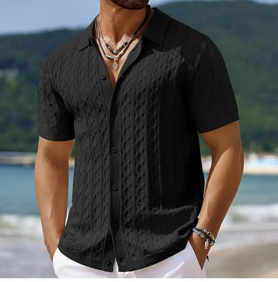 Men's Cable-Knit Button-Up Short Sleeve Polo Shirt