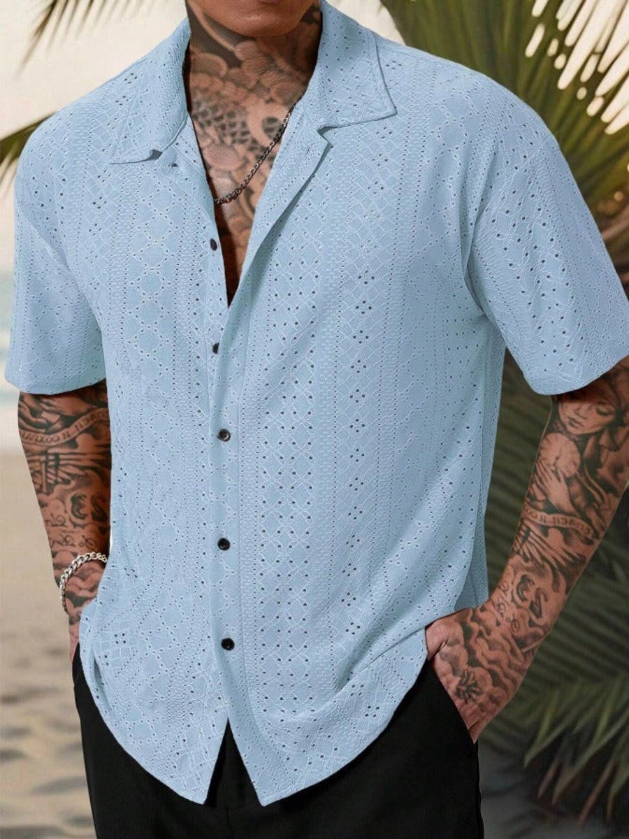 Men's Camp Collar Short Sleeve Eyelet Button-Up Polo Shirt - Light Blue