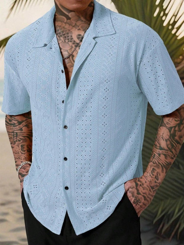 Men's Camp Collar Short Sleeve Eyelet Button-Up Polo Shirt - Light Blue