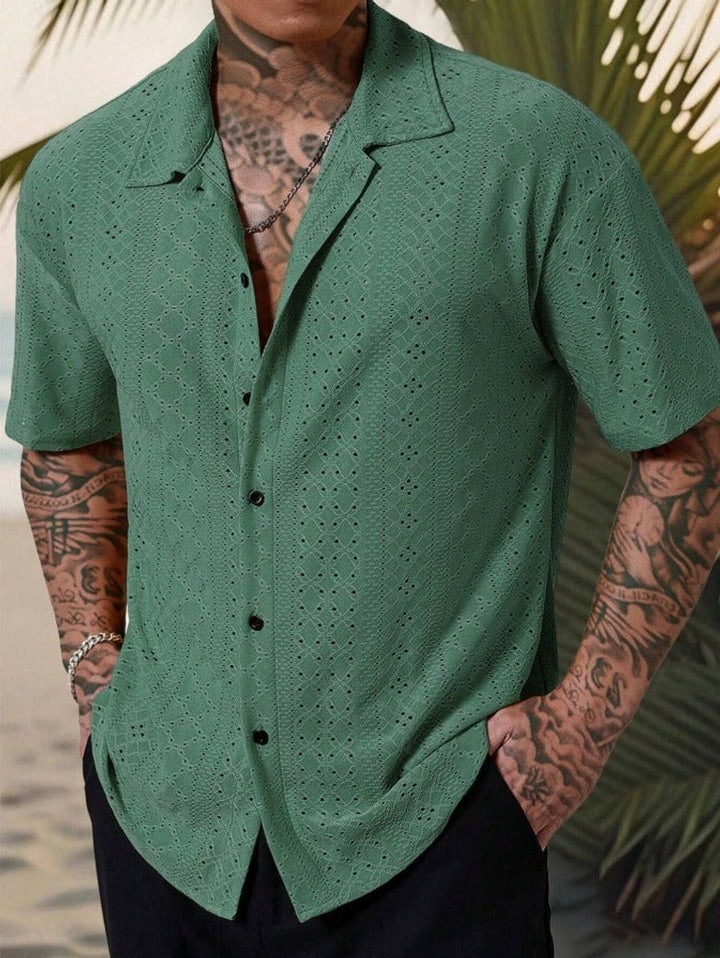 Men's Camp Collar Short Sleeve Eyelet Button-Up Polo Shirt - Green