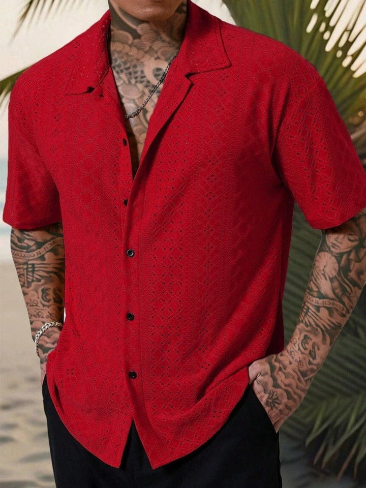 Men's Camp Collar Short Sleeve Eyelet Button-Up Polo Shirt - Red