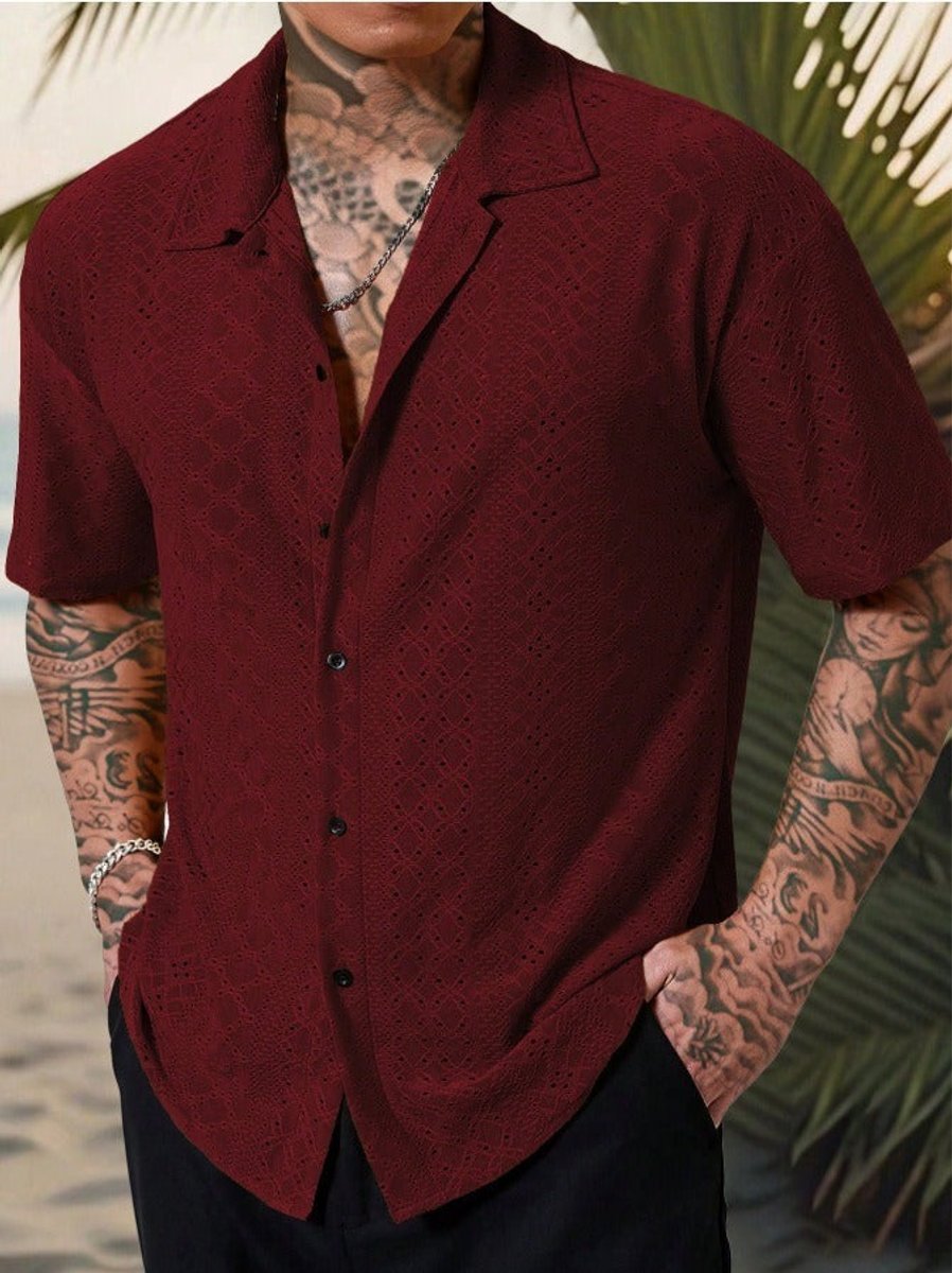 Men's Camp Collar Short Sleeve Eyelet Button-Up Polo Shirt - Burgundy