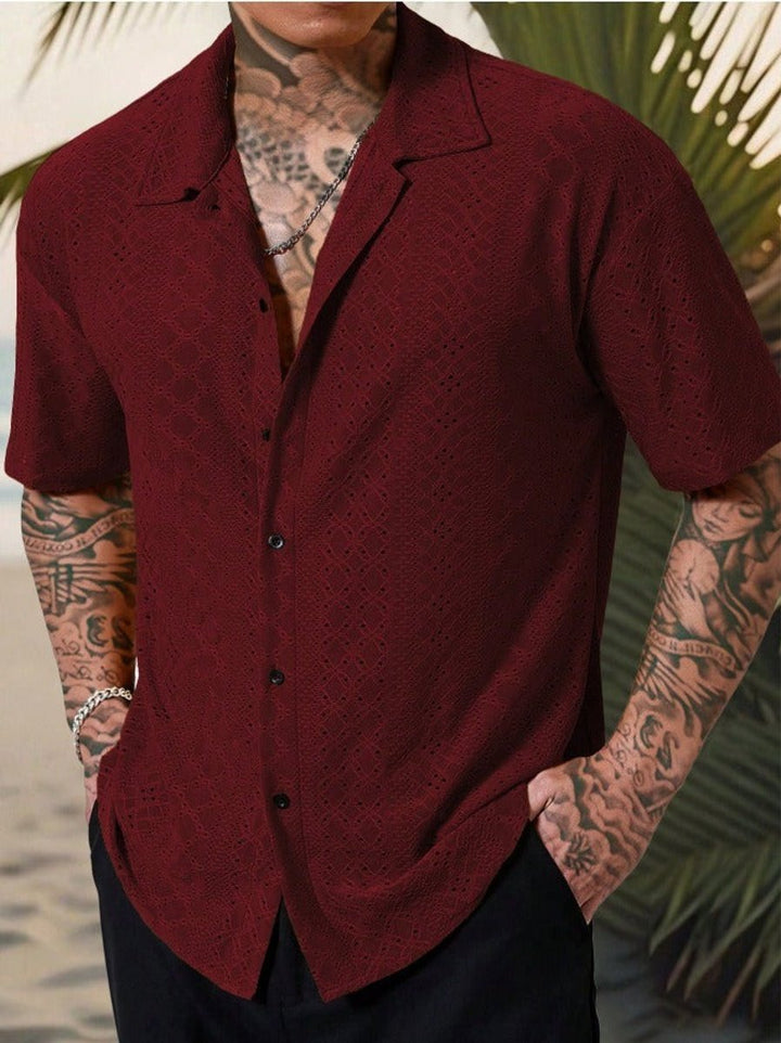 Men's Camp Collar Short Sleeve Eyelet Button-Up Polo Shirt - Burgundy